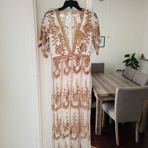 gold lace dress for wedding 2023 Champagne Long Lace Wedding Guest Dress M